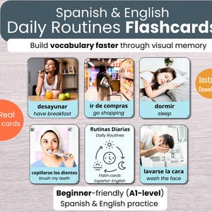 Daily Routines Spanish-English Flashcards |  Realistic photos | Bilingual Printable Vocabulary for Homeschool, Classroom, ESL, A1 Level