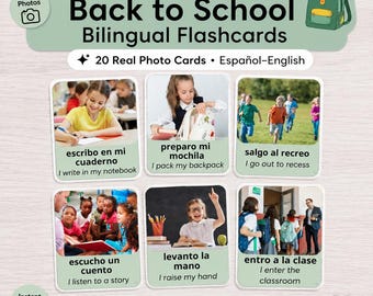 Schede didattiche di vocabolario spagnolo-inglese per la scuola / Schede bilingue ESL per la classe / PDF stampabile per bambini / 36 schede