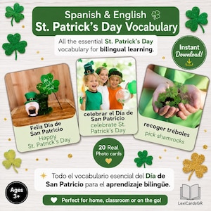 St Patrick’s Day Flashcards English Spanish, Bilingual Vocabulary Cards, Leprechaun Shamrock Printable, Preschool Toddler Learning
