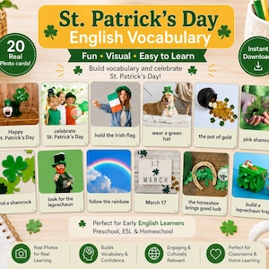 May include: A set of 20 St. Patrick's Day English vocabulary photo cards featuring images of shamrocks, a leprechaun, a rainbow, a pot of gold, and Irish flags. Each card includes descriptive text such as March 17, pick shamrocks, and build a leprechaun trap.