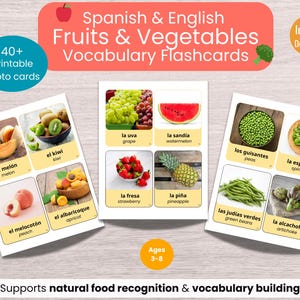 Fruits and Vegetables Flash cards | 44 Spanish English Printable Real Photo Cards | Bilingual ESL Montessori | Homeschool | Classroom decor