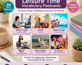 Spanish English Flashcards | Bilingual Leisure Activities Vocabulary | Printable PDF | A1 A2 level | ESL Homeschool