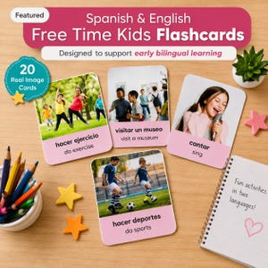 May include: A set of Spanish and English educational flashcards for children featuring real photographs of activities like exercising, visiting a museum, singing, and playing sports. The cards include bilingual text labels, a cup of coloured pencils, and star accents.
