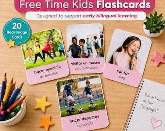 Bilingual English Spanish Flashcards • Real Images • Free Time & Daily Activities Vocabulary Cards • ESL Preschool Learning Printable
