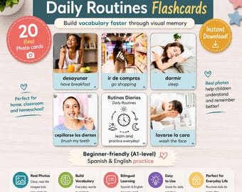 May include: A set of 20 Spanish and English daily routine flashcards featuring real photos. The cards display activities like eating breakfast, shopping, sleeping, brushing teeth, and washing the face, with bilingual text labels for vocabulary practice.