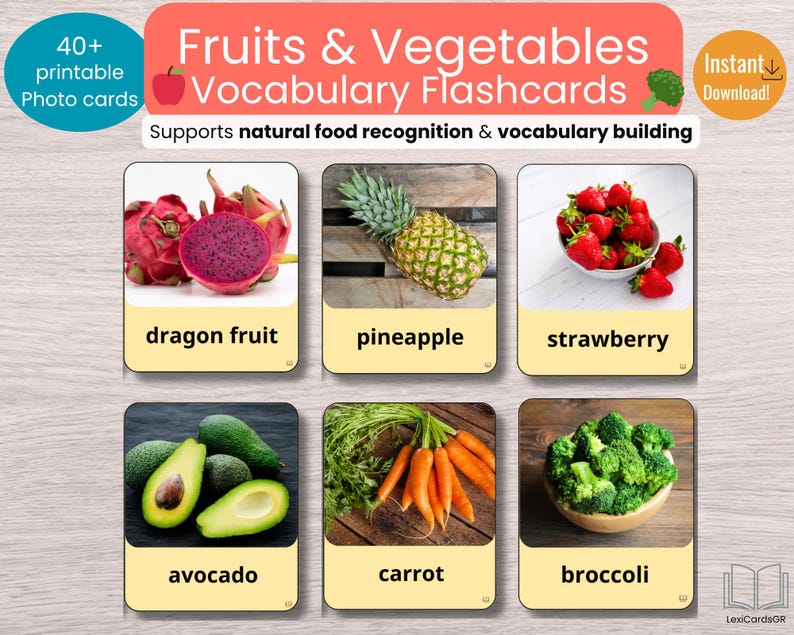 Tarjetas didácticas de frutas y verduras / Tarjetas de vocabulario de ...