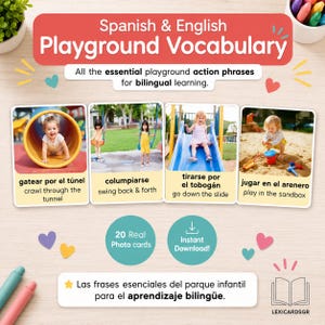 Playground Flashcards for Kids, Spanish English Bilingual Learning, Real Photo Outdoor Activities, Preschool ESL Homeschool Printable