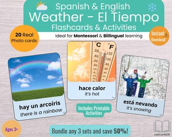 Schede didattiche sul meteo in spagnolo e inglese per bambini / Vocabolario bilingue stampabile in PDF / Apprendimento prescolare e in inglese come seconda lingua