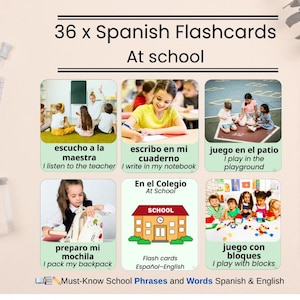 Spanish School Flashcards for Kids | 36 Printable Spanish-English Phrases & Classroom Objects | Bilingual Learning Cards