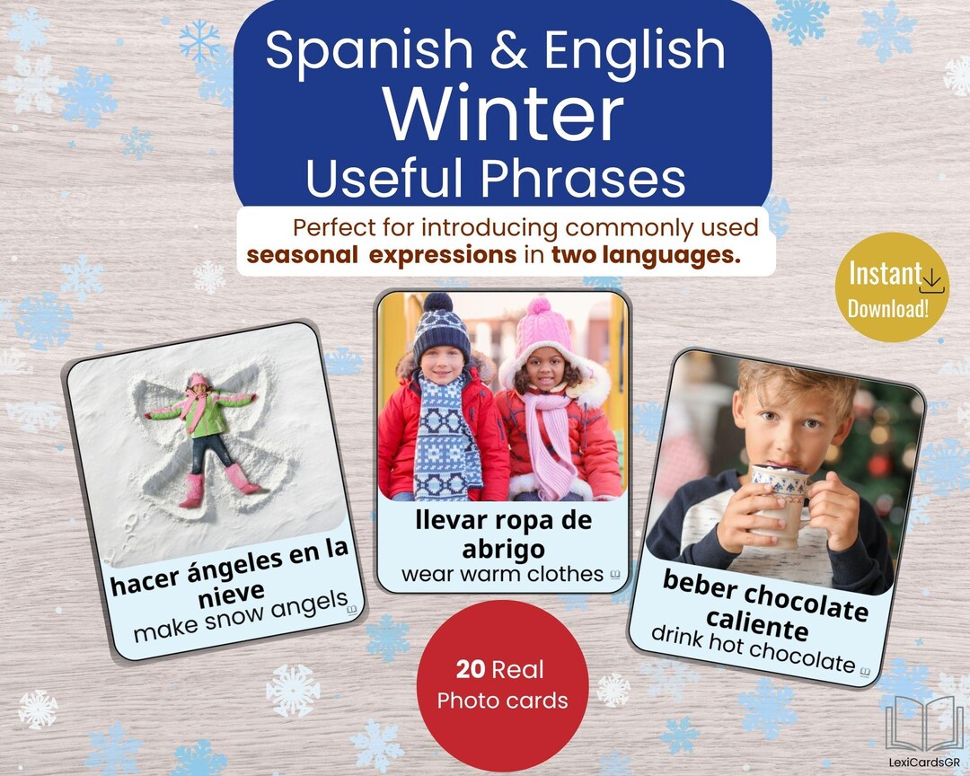 Winter Activities Flashcards Bilingual Spanish English | 20 Real Photo ...