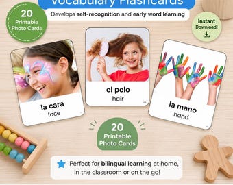 Body Parts Flashcards Spanish English Bilingual Printable PDF, Kids Vocabulary Cards, Preschool Kindergarten ESL Homeschool Learning