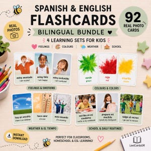 以下が含まれることがあります： スペイン語と英語のバイリンガルフラッシュカードセット。感情、色、天気、学校の4つのカテゴリーに分かれた92枚のリアルな写真カードが含まれています。各カードには両言語のテキストと、ハチ、ハート、星などのアイコンがデザインされています。