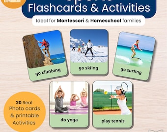 20 Sports Action Verbs Flashcards | Kids ESL Vocabulary | English | Homeschool Printable | Sports & Movement Cards | PDF Download