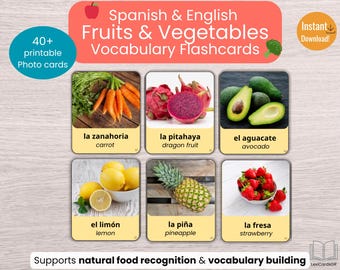 Spanish English Fruits & Vegetables Flashcards for Kids | Bilingual Montessori Vocabulary Cards | ESL Printable PDF