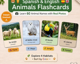 Bilingual Animals Flashcards | Spanish English Vocabulary Cards | Real Photo Animal Flash Cards | Printable PDF Download | Toddler learning