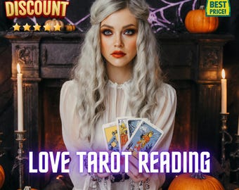 May include: A woman with long, silver hair holds tarot cards, with the text "LOVE TAROT READING" in purple. The image includes pumpkins, candles, and a "SPECIAL DISCOUNT" banner, suggesting a Halloween or mystical theme.