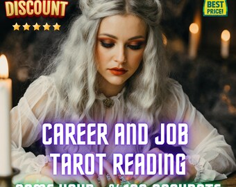 Può includere: Immagine promozionale per letture di tarocchi di carriera e lavoro, con una donna dai capelli argentati. Il testo include "Sconto speciale", "Miglior prezzo" e "Stessa ora - %100 preciso". La scena è ambientata con candele e carte dei tarocchi.