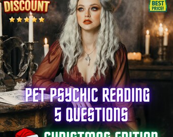 May include: An image promoting a pet psychic reading. The image features a woman with long, silver hair, wearing a burgundy dress, and a necklace. Text includes "Pet Psychic Reading," "5 Questions," and "Christmas Edition."