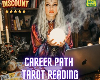 May include: A woman with long, wavy, white hair holds a glowing orb. The image includes the text "CAREER PATH TAROT READING" and "SPECIAL DISCOUNT". Tarot cards and a laptop are also visible.