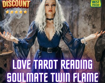 May include: A woman in a dark blue dress with long sleeves and a plunging neckline. The image has text that reads "LOVE TAROT READING SOULMATE TWIN FLAME" and "SPECIAL DISCOUNT". There is a "BEST PRICE!" tag in the upper right corner.