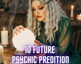 May include: A woman with long, wavy blonde hair and a green dress gazes at a glowing crystal ball. The text "10 FUTURE PSYCHIC PREDITION" is overlaid on the image. Lit candles and a mystical atmosphere create a scene of fortune-telling and divination.