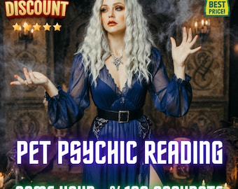 May include: A woman with long, wavy, silver hair and a dark blue dress with a black belt. The image includes text that reads "PET PSYCHIC READING" and "SAME HOUR - %100 ACCURATE". There is also a "SPECIAL DISCOUNT" banner.