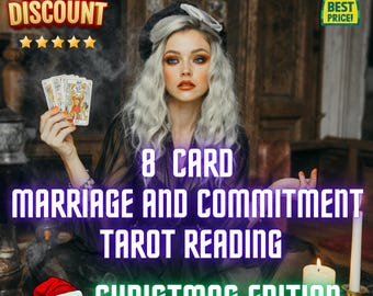 May include: An image promoting an 8-card marriage and commitment tarot reading, Christmas edition. The image features a woman holding tarot cards, with text overlayed. A special discount and best price badge are also visible.
