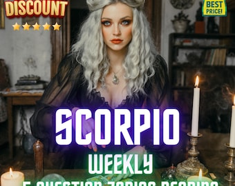 Könnte beinhalten: Eine Frau mit silbernem Haar und dunklem Augen-Make-up ist der Mittelpunkt dieses Bildes. Das Wort "SCORPIO" wird in großen, lila Buchstaben angezeigt. Der Text "WEEKLY 5 QUESTION ZODIAC READING" ist grün. Kerzen und Tarotkarten sind ebenfalls zu sehen.
