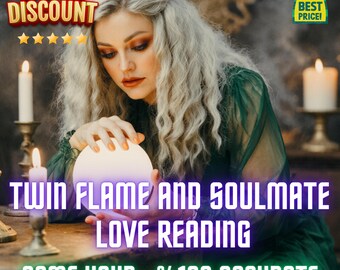 May include: An image promoting a love reading service. The text reads "Twin Flame and Soulmate Love Reading" and "Same Hour - %100 Accurate." A woman is holding a glowing orb. The image also includes text that says "Special Discount" and "Best Price!"