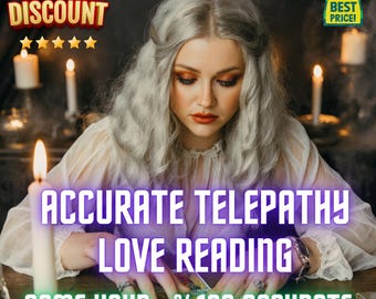 May include: An image promoting accurate telepathy and love readings. The text reads "Accurate Telepathy Love Reading" and "Same Hour - %100 Accurate". A woman with silver hair is shown with tarot cards, candles, and a "Special Discount" banner.