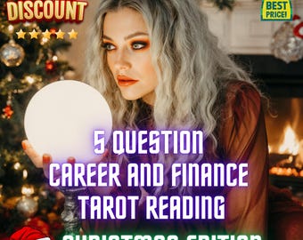 Może przedstawiać: Kobieta trzymająca świecącą kulę, z tekstem: "5 QUESTION CAREER AND FINANCE TAROT READING CHRISTMAS EDITION." Obraz zawiera banery "SPECIAL DISCOUNT" i "BEST PRICE!" oraz czapkę Świętego Mikołaja.