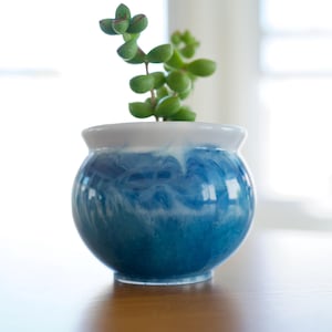 May include: A small, round ceramic planter with a blue and white marbled design. The planter holds a green succulent plant. The pot has a white rim and sits on a wooden surface. The background is blurred.