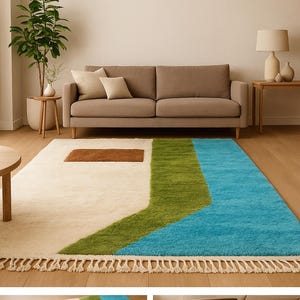 Handmade Moroccan Wool Rug – Ivory, Green & Blue Modern Abstract Design | Large 2x3m Berber Carpet | Contemporary Living Room Rug