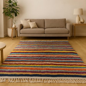Handmade Moroccan Wool Rug – Colorful Striped Berber Carpet | 3m x 2m Large Bohemian Area Rug | Vibrant Modern Living Room Décor