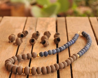 Ceramic necklace  Handmade ceramic beads blue lapis stone beads  Gold mykonos beads ceramic jewelry ethnic tribal erthy jewelry