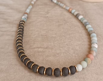 Ceramic boho tribal necklace  Handmade ceramic beads turquoise amazonite stone beads  Gold plated beads ceramic jewelry ethnic erthy jewelry