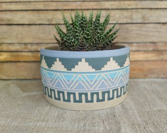 Ceramic planter handmade  colorful  planter with drainage succulent planter indoor planter pot  Carved  sgraffito Vase Aztec Geometric