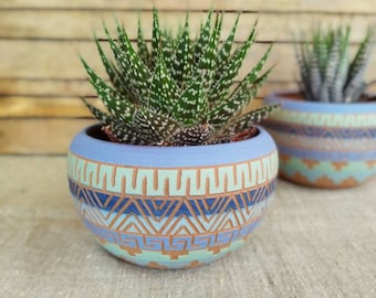 Ceramic planter pottery colorful Carved sgraffito Vase Aztec Geometric pots Bohemian decor succulent cactus planters indoor