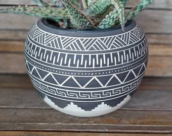 Black and white ceramic planter hand carved aztec geometric pattern