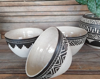 Set of 3 Ceramic bowl  soup salad bowl geometric pattern carved pottery personal dish ceramic kitchen dish house styling bohemian bowls