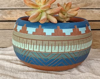 Ceramic planter pottery colorful Carved sgraffito Vase Aztec Geometric pots Bohemian decor succulent cactus planters indoor jungalow plants