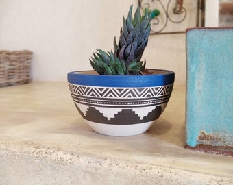 Ceramic succulent planter sgraffito Aztec tribal pot