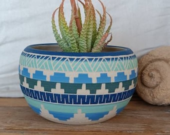 Ceramic planter pottery Succulent planter Carved  sgraffito Vase Pot Home deco Geo Aztec Geometric vase bohemian decor indoor