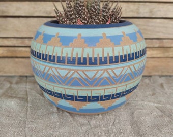 Ceramic planter pot colorful succulent aztec style  planter