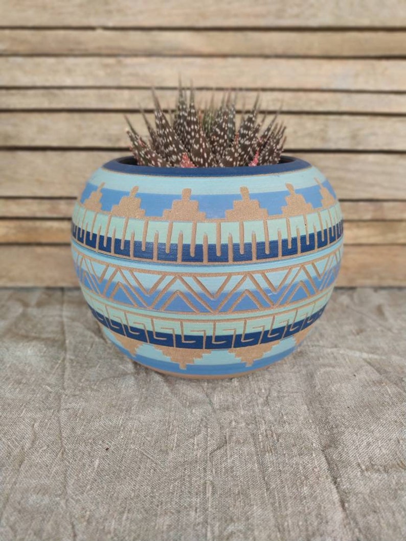 Ceramic planter pot colorful succulent aztec style planter image 1