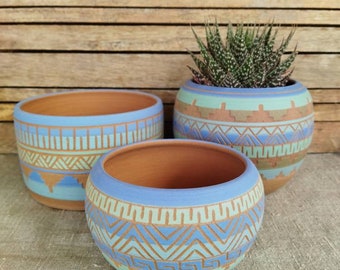 Ceramic planter set of 3 turqouise planter succulent cactus planter pot vase indoor planter agraffito pottery