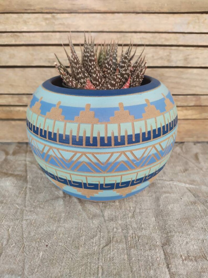 Ceramic planter pot colorful succulent aztec style planter image 3