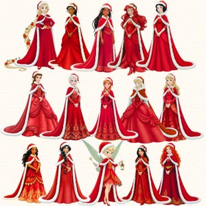 Può includere: Illustrazioni di personaggi in abiti e mantelli rossi con finiture in pelliccia bianca, ognuno con un cappello di Babbo Natale. Gli abiti presentano vari design, creando un tema festivo natalizio. Una collezione di personaggi in abbigliamento festivo.