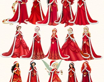 May include: A collection of illustrations featuring various characters in festive red gowns and capes trimmed with white fur. Each character wears a Santa hat, creating a holiday theme. The gowns have varying designs, with some featuring intricate patterns.