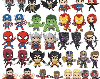 36 Baby Avengers-afbeeldingen | Leuke chibi-superheld png-bundel | Iron Man, Spider-Man, Thor, Captain America, Hulk Digitale download